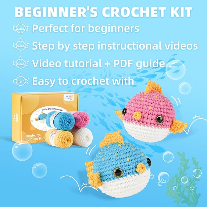 Crochet Kit for Beginners, Learn to Crochet, Include Easy Knitting Soft Yarn, Step-by-Step Video Tutorial, Hook, Holiday Birthday Gift for Adults and Kids(2 Pack Blowfish)-CubbioJoy