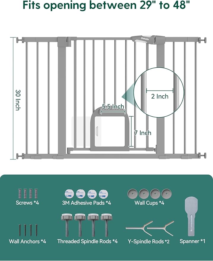 Babelio 29-48" Extra Wide Baby Gate with Adjustable Cat Door,Easy Install Pressure/Hardware Mounted,Auto Close Pet door for Stairs,House,Doorways,Effortless Walk Thru,Gray-CubbioJoy