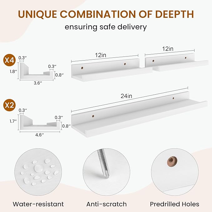 Axeman Picture Ledge Shelf, Floating Shelves for Wall Decor Storage Set of 6, 24 inch Floating Wall Mounted Shelves, Wall Shelves with Lip for Living Room, Bedroom, Nursery, Bathroom, Kitchen, White-CubbioJoy