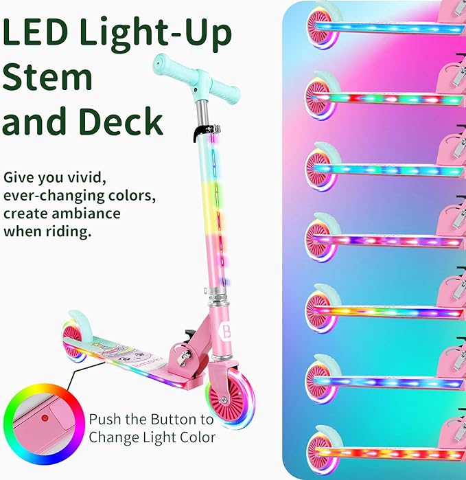 BELEEV V2 Scooters for Kids with Light-Up Wheels & Stem & Deck, 2 Wheel Folding Scooter for Girls Boys, 3 Adjustable Height, Non-Slip Pattern Deck, Lightweight Kick Scooter for Children Ages 3-12-CubbioJoy