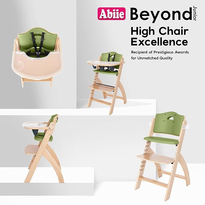 Abiie Beyond Junior Wooden High Chair with Tray - Adjustable and Convertible High Chair for Babies and Toddlers - 6 Months to 250 Lb - Water Resistant - Natural Wood/Olive Cushion-CubbioJoy