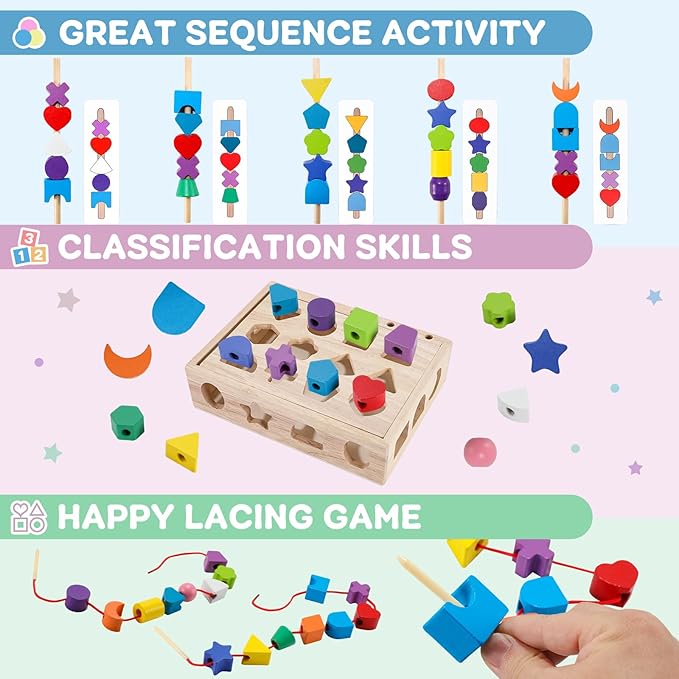 3 in 1 Montessori Wooden Beads Sequencing Toy Set - Color Sorting Stacking Geometric Shape Matching Game Beads Sequencing Toy Lacing Beads Stem Fine Motor Skills for Toddlers-CubbioJoy