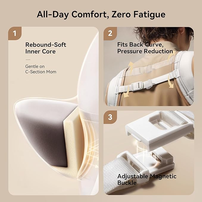 Baby Carrier with Hip Seat, BeBeBus 2-in-1 Ergonomic Newborn to Toddler Carrier up to 44 lbs, Detachable Hands-Free for Infant, All Season Forward-Facing Carry, Fits Waist Sizes up to 38 inch (White)-CubbioJoy