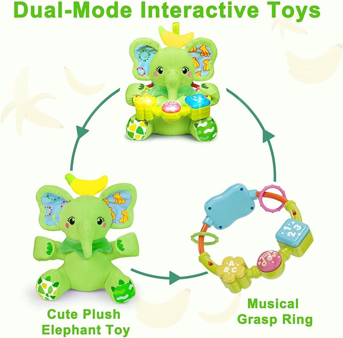 Baby Elephant Musical Stuffed Animals Toy with Light-Up Music & Crinkle Sound Paper,Infant Bilingual Early Learning Education Toys,Tummy Time Toys for 0-3-6-12+ Months Boy Girl, Green-CubbioJoy