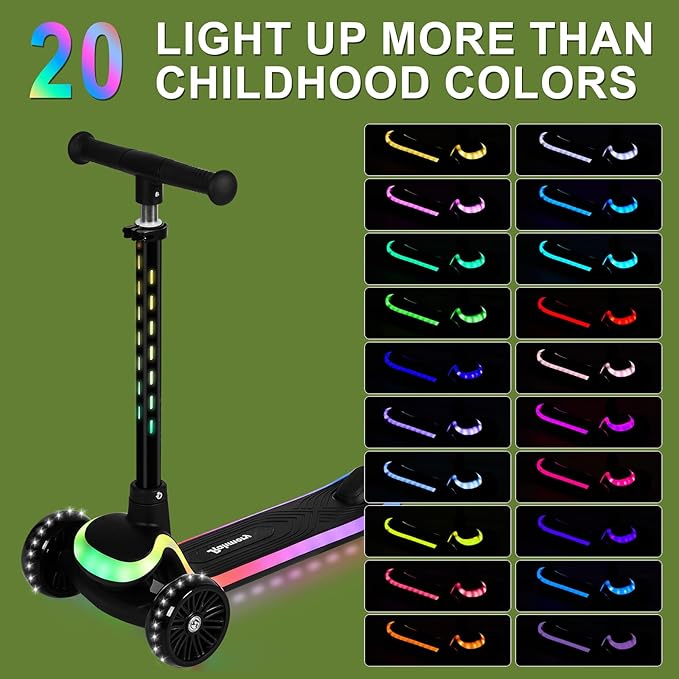 3-Wheel Light-Up Kids Scooter, 20 Different Light Patterns,Three Adjustable Heights,Lean to Steer, Balance Scooter for Ages 3-8-CubbioJoy