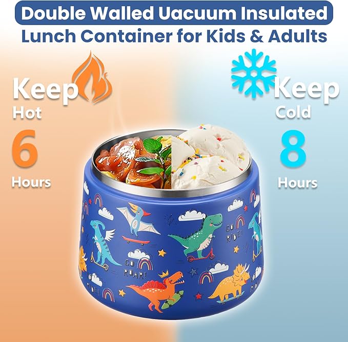 14oz Insulated Vacuum Food Jar with Buckle Lid,Soup Thermo for Hot Food Kids,Wide Mouth Leakproof Stainless Steel Lunch Container with Spoon-Dinosaur-CubbioJoy
