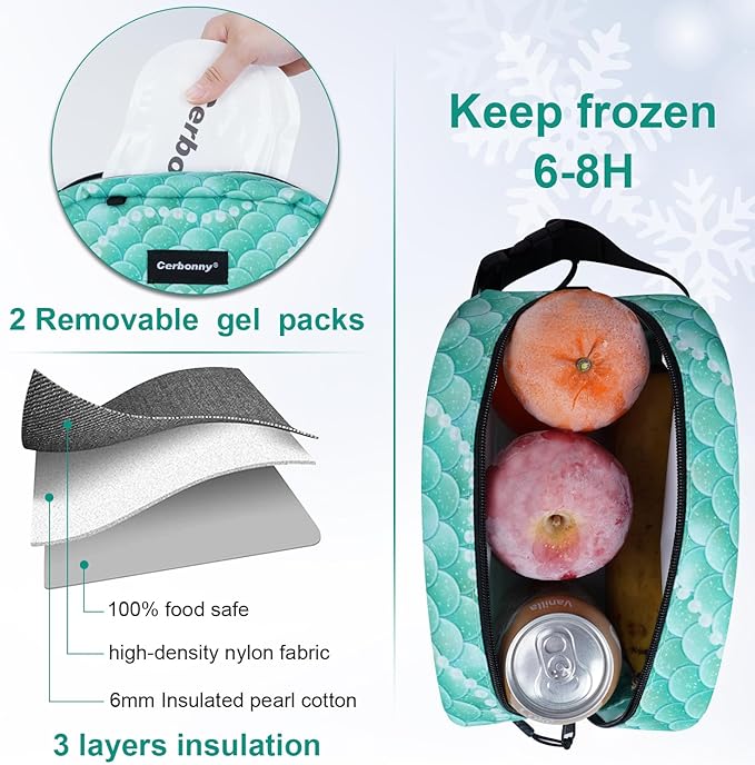 Cerbonny Small Insulated Lunch Bag (Green-Fish, 12.0 quarts) - Freezer Safe, Mini Cooler Bag for Work School Travel, Fits Yogurt, Suitable for Kids/Adults-CubbioJoy