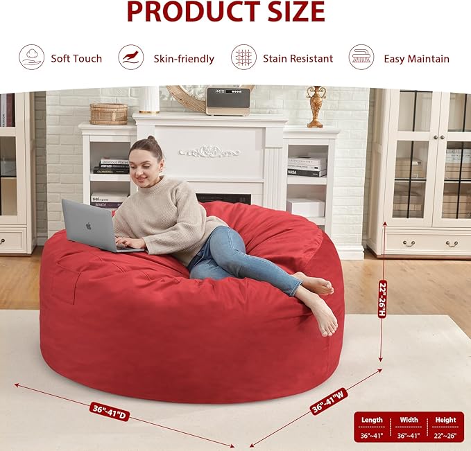 3FT Bean Bag Chair, Comfy Bean Bag Chairs with Memory Foam Filled, Fluffy Beanbag Sofa with Dutch Velvet Cover, Round BeanBag Chairs for Living Room, Playroom - Red-CubbioJoy