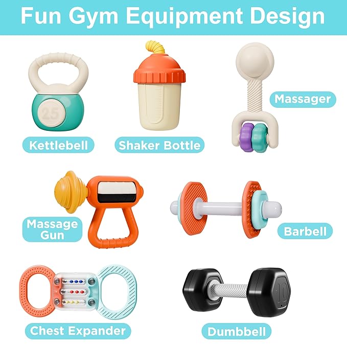 iPlay, iLearn Baby First Gym Rattle Set, Infant Dumbbell Weights Teething Rattles 3-6-12 Month, Newborn Workout Sensory Stroller Toy, Babies Birthday Shower Gift 5 7 8 9 10 Month Toddler Boy Girl-7PCS-CubbioJoy