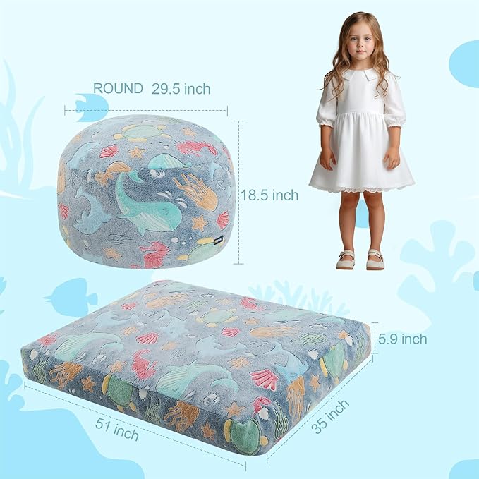 COMAX Kids Bean Bag Chair Turn into Beanbag Bed, Toddler Bean Chair for Girl Boy Sleeping, Lazy Children Bean Bags with Filler, Convertible Child Floor Mattress, Ocean Life-CubbioJoy