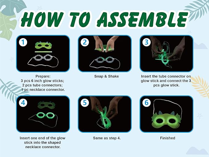 Dinosaur Party Favors Pack – Glow in the Dark Party Supplies | 6 Dinosaur Masks, 6 Bracelets, 6 Necklaces, 6 Wands, 42 Dino Glow Sticks & 80 Stickers | Birthday Classroom Halloween Trick or Treat-CubbioJoy