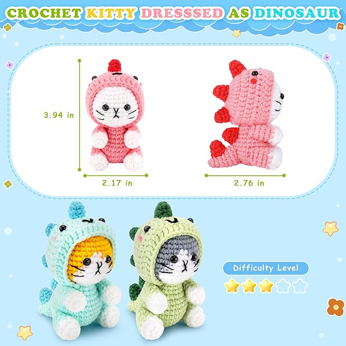 Crochet Kit for Beginners - 3 PCS Dinosaur Cat Crochet Kits with Step-by-Step Video Tutorials, Beginner Crochet Kit for Adults Kid, Crochet Animal Kit for Starters, Cat Dressed as Dinosaur Crochet Set-CubbioJoy