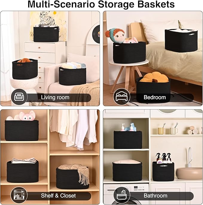 Black Storage Baskets for Organizing Shelves, Toy Basket for Nursery, Woven Cotton Rope Basket for Decor, Towel Baskets for Bathroom, 15"x11"x9.5", 3 Packs, Black-CubbioJoy