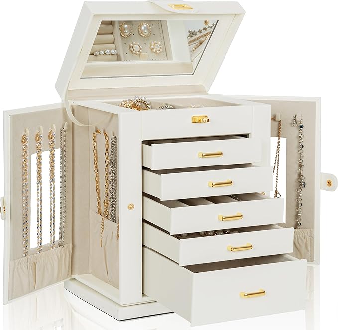 AKOZLIN Jewelry Box 6-Tier Organizer Functional 360° Rotating Jewelry Storage Case for Women Girls Ring Necklace Earring Bracelet Holder with Mirror-CubbioJoy