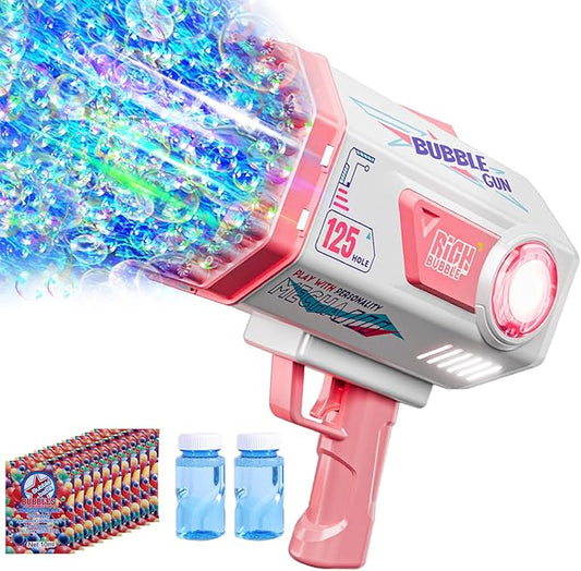 BOMOCO Bubble Gun,125 Holes Bubble Machine Bubbles for Kids Age 3-12,Bubble Blaster Gun with Bubble Solution Summer Outdoor Bubble Toys Birthday Wedding Halloween Party Favors Gifts Bubble Maker,Pink-CubbioJoy