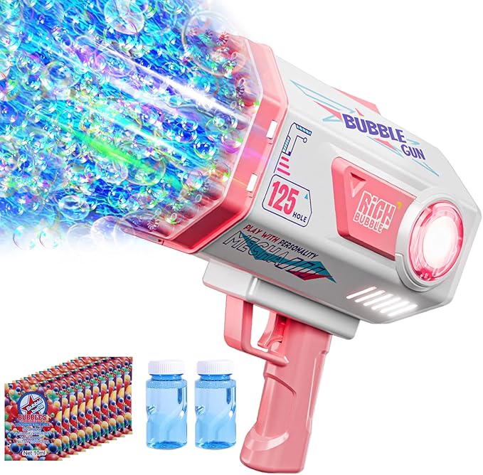 BOMOCO Bubble Gun,125 Holes Bubble Machine Bubbles for Kids Age 3-12,Bubble Blaster Gun with Bubble Solution Summer Outdoor Bubble Toys Birthday Wedding Halloween Party Favors Gifts Bubble Maker,Pink-CubbioJoy
