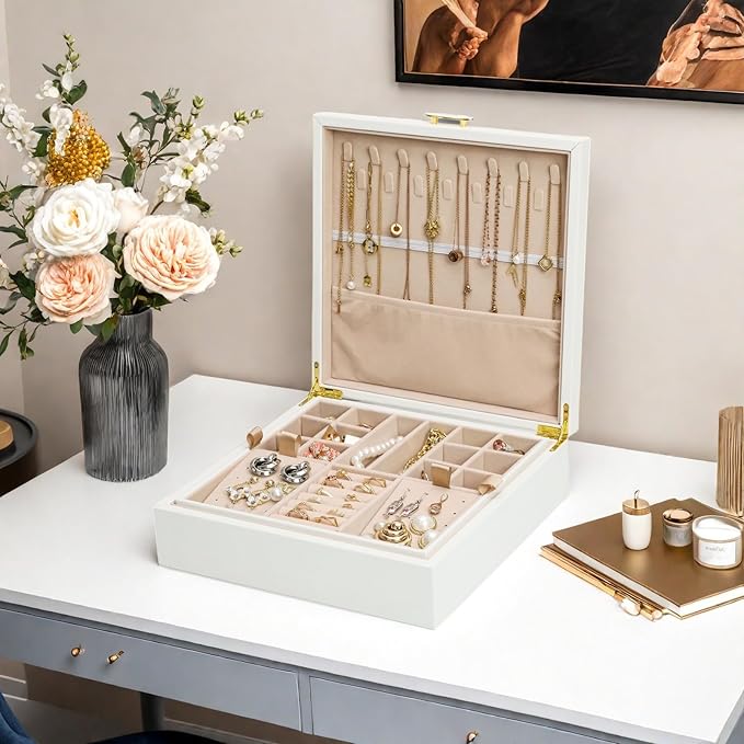 Jewelry Box Organizer for Women,White 2 Layer jewelry Stoarge Case,Built in Necklace Hook and Detachable Jewelry Tray,Indoor Jewelry Display Box-CubbioJoy