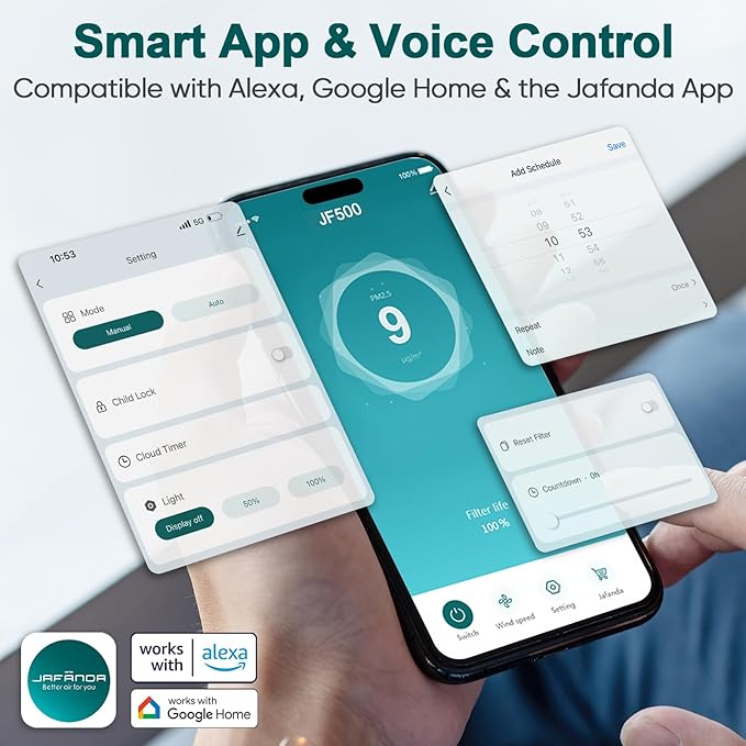 Jafända Large Room Air Purifier for Home up to 2105ft², Quiet Air Cleaner for Bedroom, 4×Ture Activated Carbon Air Filter Removes Pet Dander/Hair/Odor Allergies Dust Smoke Pollen-CubbioJoy