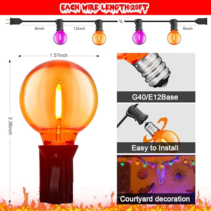 25FT Outdoor Halloween String Lights, G40 Outdoor Halloween Decorations Light with 27 LED Shatterproof Orange Purple Globe Lights(2 Spare), Hanging Patio Lights for Holiday Balcony Backyard Party-CubbioJoy