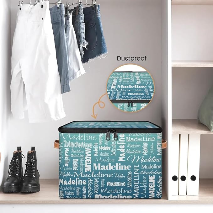 Custom Storage Basket with Name, Personalized Storage Bins with Zipper Lid, Foldable Fabric Storage Box Large capacity with Handle Grey Blue Green-CubbioJoy