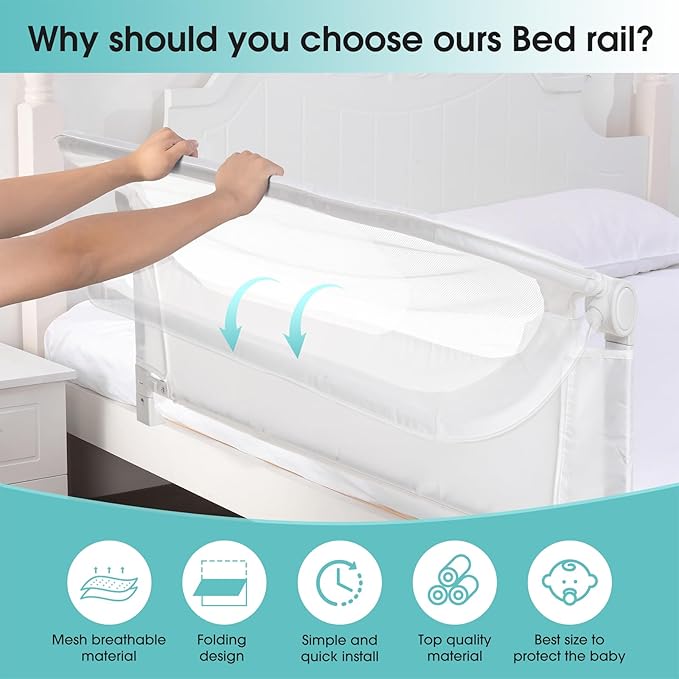 Baby Bed Rail Guard for Toddlers -59" Toddler Bed Rails for Twin, Full, Queen, King Bunk Size Bed Swing Down Bedrail Extral Tall Child Safety Side Railing Guards for Kids White-CubbioJoy