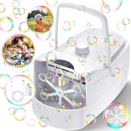 Bubble Machine, Automatic 18000+ Per Minute Big Bubbles Blower Maker for Kids Toddlers with 2 Speeds,6 Wands,Operated by Plugin or Batteries for Outdoor/Indoor Birthday Parties,Wedding (White)-CubbioJoy