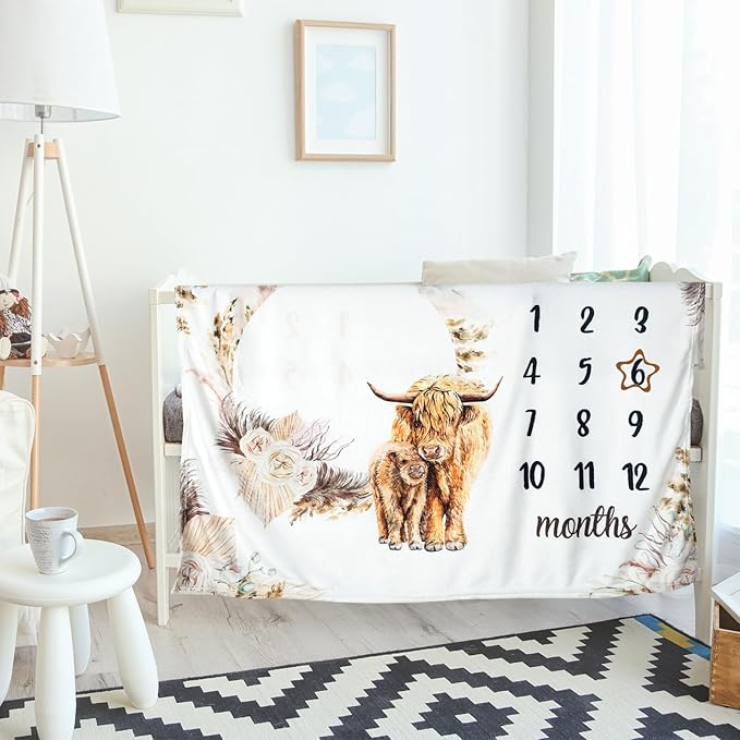 Boho Floral Baby Monthly Milestone Blanket Neutral Bohemian Photo Prop Blanket Personalized Highland Cow Baby Present Pampas Grass Ideas for Newborn Nursery Decor (Brown, Highland Cow)-CubbioJoy