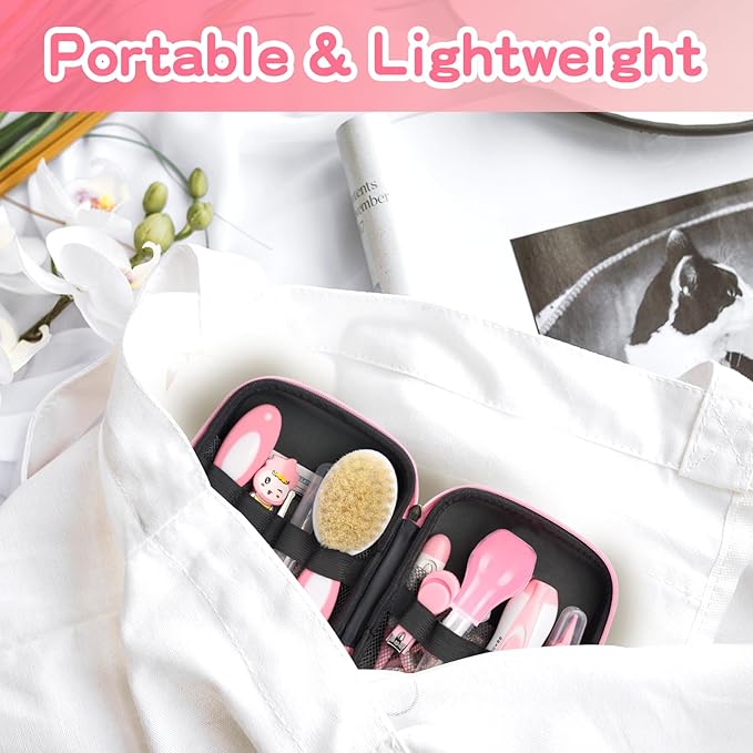 Infant Grooming Essentials: Electric Safety Nail Trimmer, Nasal Aspirator, Hair Brush, Comb, Nail Clipper (27 Piece Safety Care Set for Newborns - Pink)-CubbioJoy