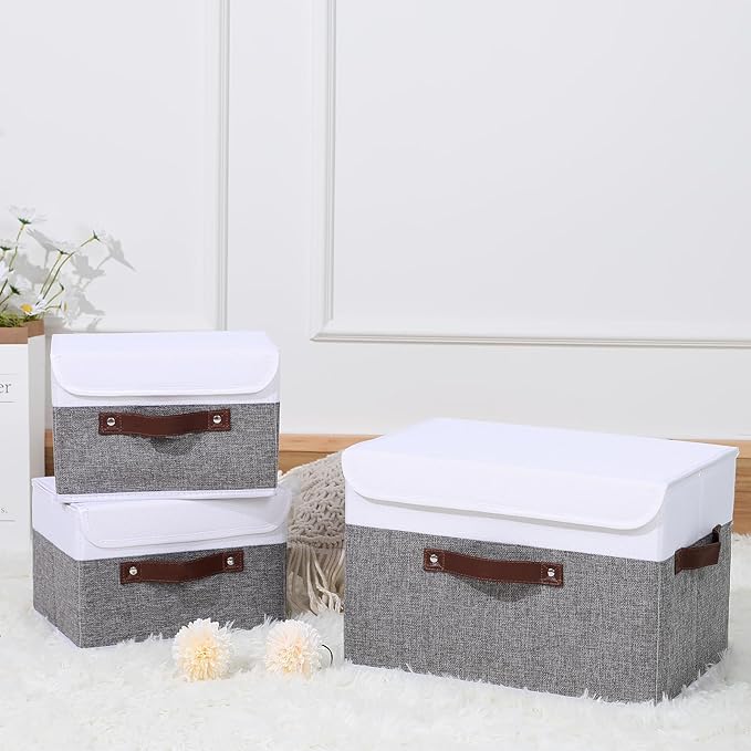 ANMINY 2PCS Storage Boxes with Lid Washable Decorative Storage Bins Basket with PU Leather Handle Foldable Linen Fabric Storage Cubes Containers for Home Closet Organizer - Gray White, Small Size-CubbioJoy