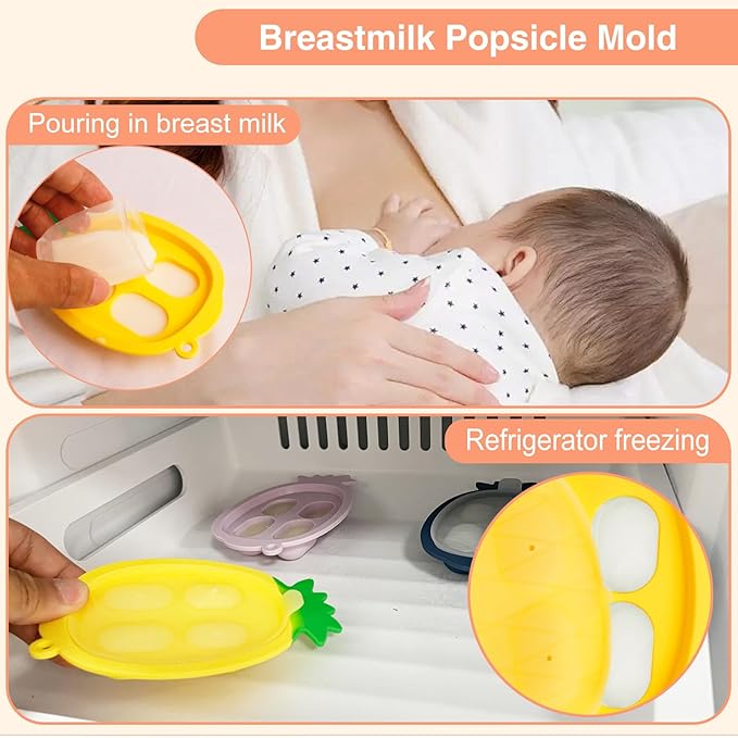 Baby Fruit Food Feeder - Silicone Nibble Tray Combo - Breastmilk Popsicle Mold for Cooling Relief, BPA Free Mesh Feeder for Infant Self Feeding (Monkey Orange + Pineapple)-CubbioJoy
