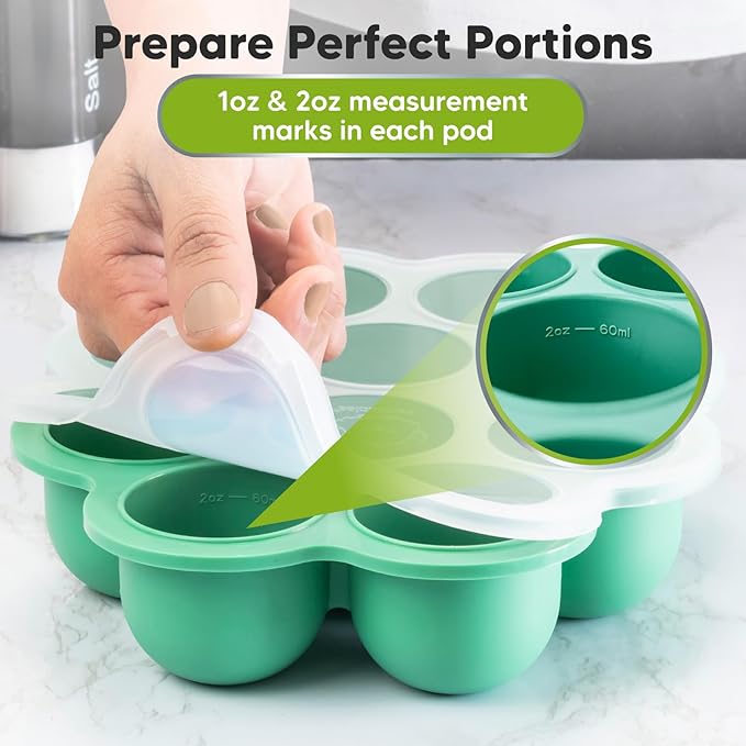KeaBabies Silicone Food Freezer Trays with Lid, 2oz x 10 Pods Baby Food Storage Containers, Easy Puree Meal Prep, Breast Milk Silicone Freezer Molds, Dishwasher,Microwave Safe,BPA-Free(Alpine Green)-CubbioJoy
