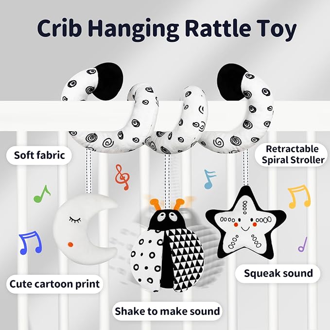 Car Seat Toys for Babies 0-6 Months,Hanging Rattle Toys for Crib Mobile, Baby Spiral Hanging Stroller Black and White High Contrast Toys for Newborn 0 3 6 9 12 Months Baby Boys Girls (Bug)-CubbioJoy