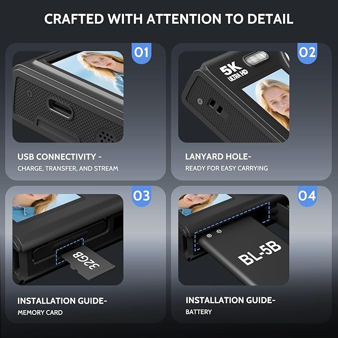 5K Digital Camera, Dual Screens Camera with 18X Digital Zoom, Compact Vlogging Camera for Teens, Beginner-Friendly Gift Pack, 32GB Card & 2 Batteries, Black-CubbioJoy