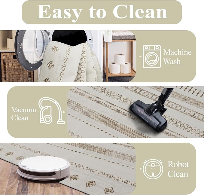 9x12 Area Rug Living Room Rugs, Boho Stain Resistant Washable Rug, Vintage Large Non-Slip Backing, Low Pile Lightweight Print Rug for Bedroom Dinning Room Home Office (Beige)-CubbioJoy