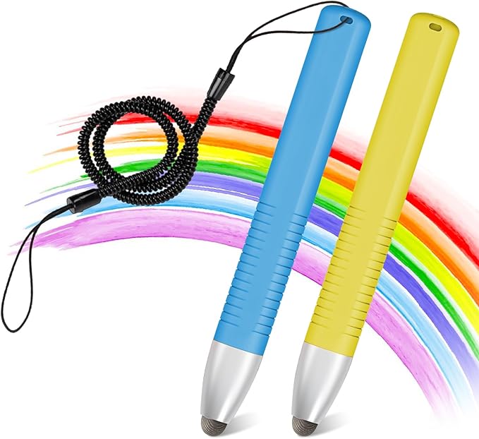 2pcs Kid-Friendly Stylus Pens for Touch Screens, Tablet Stylus Pen with Spring Cord Universal Touch Screen Capacitive Crayon Stylus Blue Yellow-CubbioJoy