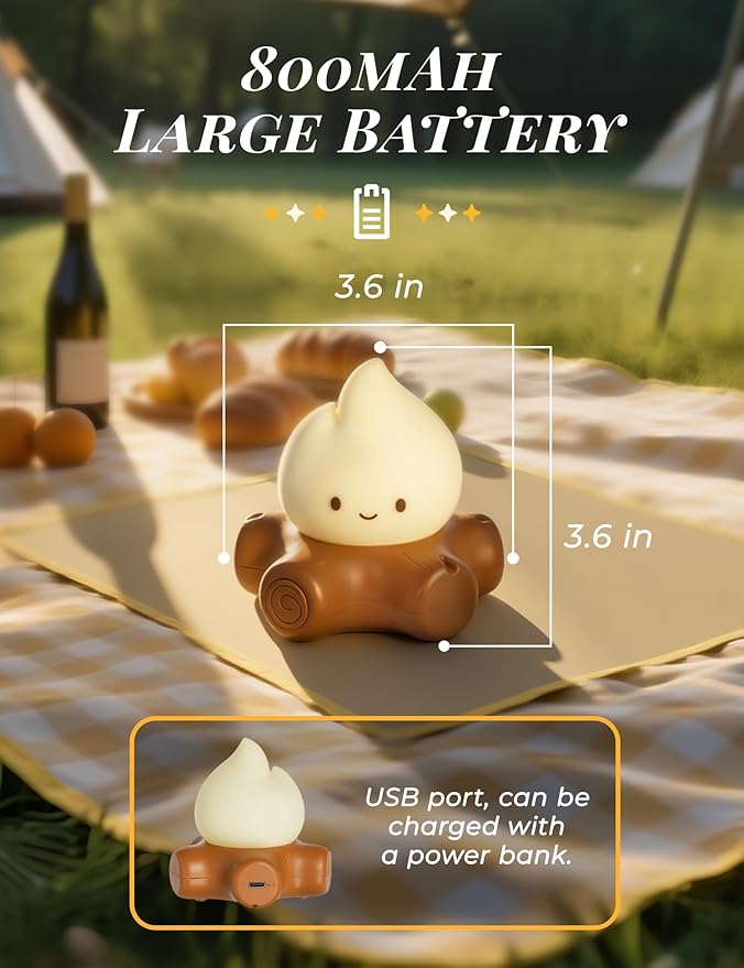 3pcs Campfire Night Light for Kids, Cute Campfire Lamp Gifts, LED Light up Flame Lights, Dimmable, Rechargeable Bedside Nightlight, Baby Nursery Dorm Kawaii Décor Toys Kits-CubbioJoy