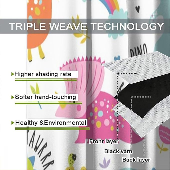 Cartoon Dinosaur Curtains for Kids Boys Girls Home Decor Childish Cute Dino Animals Print Pattern Rod Pocket Blackout Window Drapes for Nursery Baby Bedroom Playroom W21xL63in 2 Panels-CubbioJoy