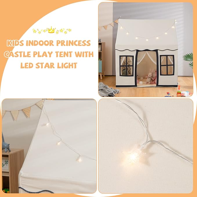 INFANS Kids Play Tent with Washable Mat Star Light Windows, Anti-Trip Large Playhouse Toys for Children Boys Girls, Indoor Outdoor Princess Tents Castle for Toddlers (Black)-CubbioJoy