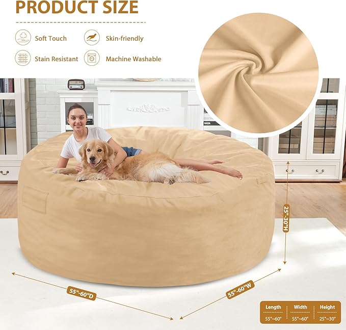 6FT Bean Bag Chair, Large Bean Bag Chairs with Memory Foam Filled, Fluffy Beanbag Sofa with Dutch Velvet Cover, Round BeanBag Chairs for Living Room, Playroom - Khaki-CubbioJoy