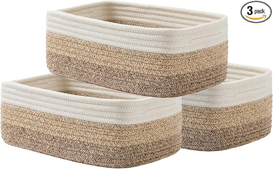 KALLAX Small Woven Basket, 12 x 8 x 4.5 Inches, Storage Basket for Organizing, Cute Small Rope Shelf Closet Cube Storage Bins Baskets for Shelves, Dog Toy Gift Baskets Empty, 3 Pack Gradient Brown-CubbioJoy