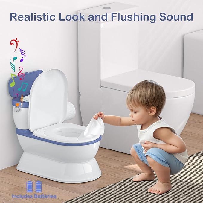 2-in-1 Toddler Potty Training Toilet - Larger Potty Chair & Detachable Training Seat for Boys & Girls Ages 1-3 with Flushing Sound, Wipes Storage, Toilet Paper Holder - Blue-CubbioJoy
