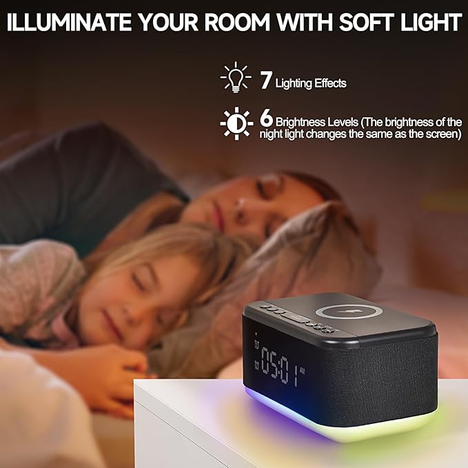 Alarm Clock Speaker Wireless Charger, Digital Alarm Clocks Bedrooms Bluetooth, Alarm Clock Dimmable Light Bedrooms Dual Alarm Snooze Dimmer 12 24H RGB Night Light Bluetooth USB AUX, Black-CubbioJoy