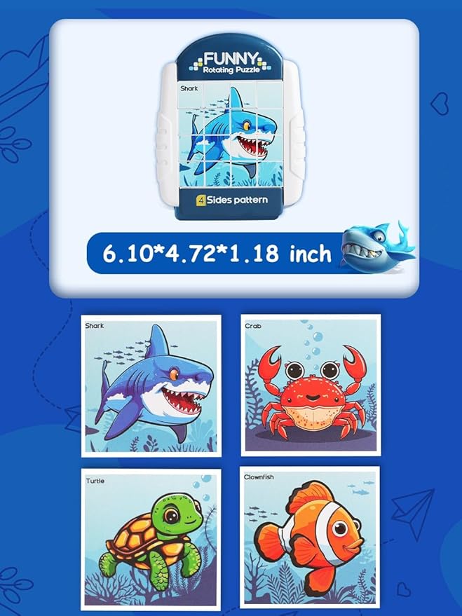 16-Piece Rotating Puzzles for Kids 4-6, Toddlers Puzzles 2-4, Road Trip, Airplane Activities Game, Travel Toys - Brain Teaser, Fine Motor Skills - Birthday Gifts Boys & Girls - Marine Life-CubbioJoy