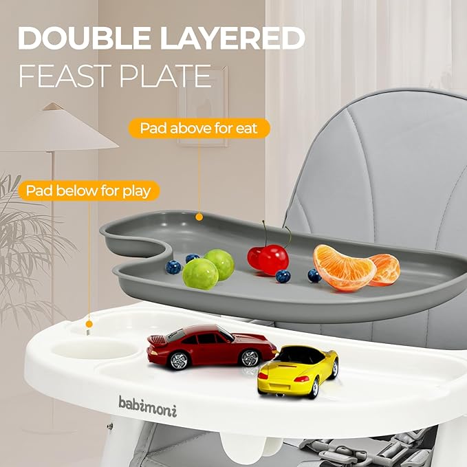 3 in 1 High Chairs for Babies and Toddlers, Convertible High Chair, High Chair with Foot Rest and Double Tray, Easy to Clean, Compact and Versatile, Perfect for Growing Kids, Gray-CubbioJoy