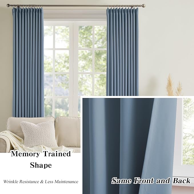 KEQIAOSUOCAI 2 PCs Dusty Blue Pleat Wide Drapes for Sliding Glass Door 60 Wide x 102 Inch Long, Privacy Light Block Noise Reduce Insulated Ceiling to Floor for Locker Room Basement Bedroom Closet-CubbioJoy