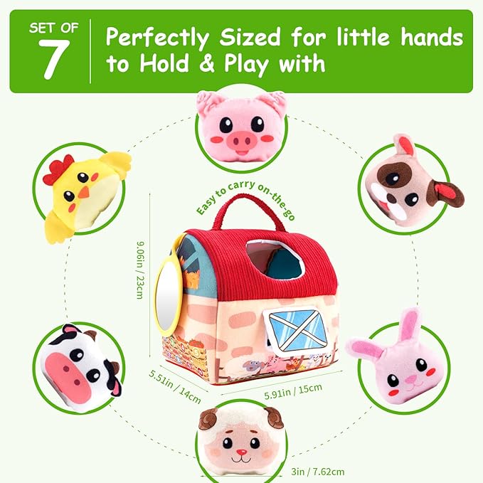 Baby Toys 6-12 Months, Soft Barn Toy with 6 Stuffed Farm Animals, Rattle, Crinkle, Mirror, Sensory Toys for Toddlers 1-3, 6 7 8 9 10 Month Old Baby Toys, Montessori Toys Gift for 1 Year Old Boy Girl-CubbioJoy