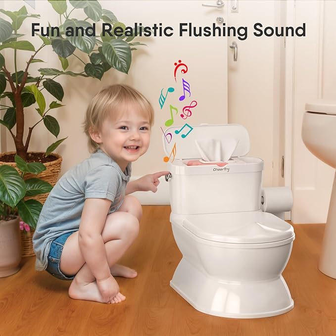 2-in-1 Toddler Potty Training Toilet - Larger Potty Chair & Detachable Training Seat for Boys & Girls Ages 1-3 with Flushing Sound, Wipes Storage, Toilet Paper Holder-CubbioJoy