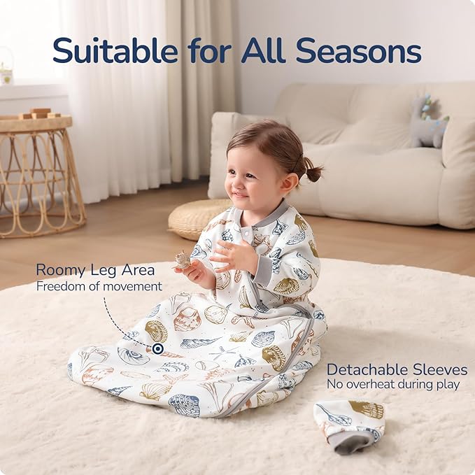 Baby Sleep Sack 18-24 Months, Cotton Detachable Long Sleeve Sleep Sack, 1.0 Tog Toddler Sleeping Sack with Temperature Strips, 2-Way Zipper Wearable Blankets for Newborns, Ocean-CubbioJoy