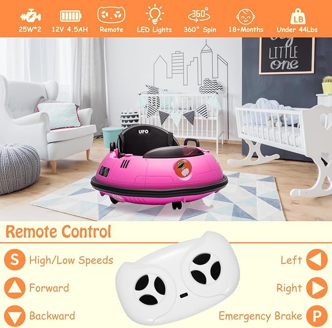 12V Electric Ride on Bumper Car for Toddlers, Kids Bumper Car with Remote Control, 360 Degree Spin, LED Lights, Dual Joysticks, Safety Belt for 18+ Months Kids, Pink-CubbioJoy