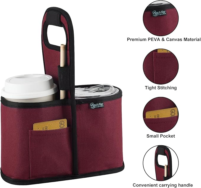 Beautyflier Drink Carrier with Handle for Delivery Reusable Insulated Coffee Cup Carrier Portable 2 Cup Holder with Handle Organizer Tote Bag for Hot & Cold Drinks, Red-CubbioJoy